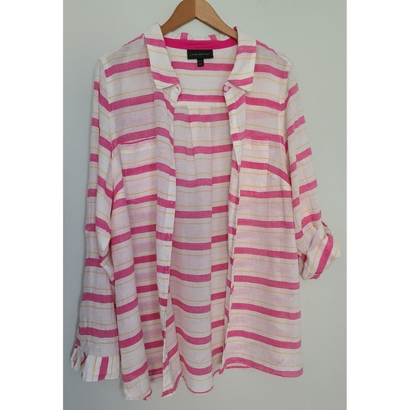 Lane Bryant Linen Cotton Button Up Shirt 22/24 White Pink Yellow Roll-Up Sleeve - Picture 2 of 6